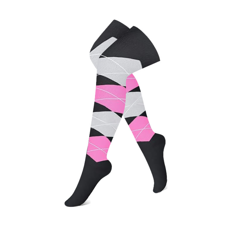 Schwarze und rosa Colorblock-Kompressionsstrümpfe mit Oberschenkelhöhe (3 Paar)