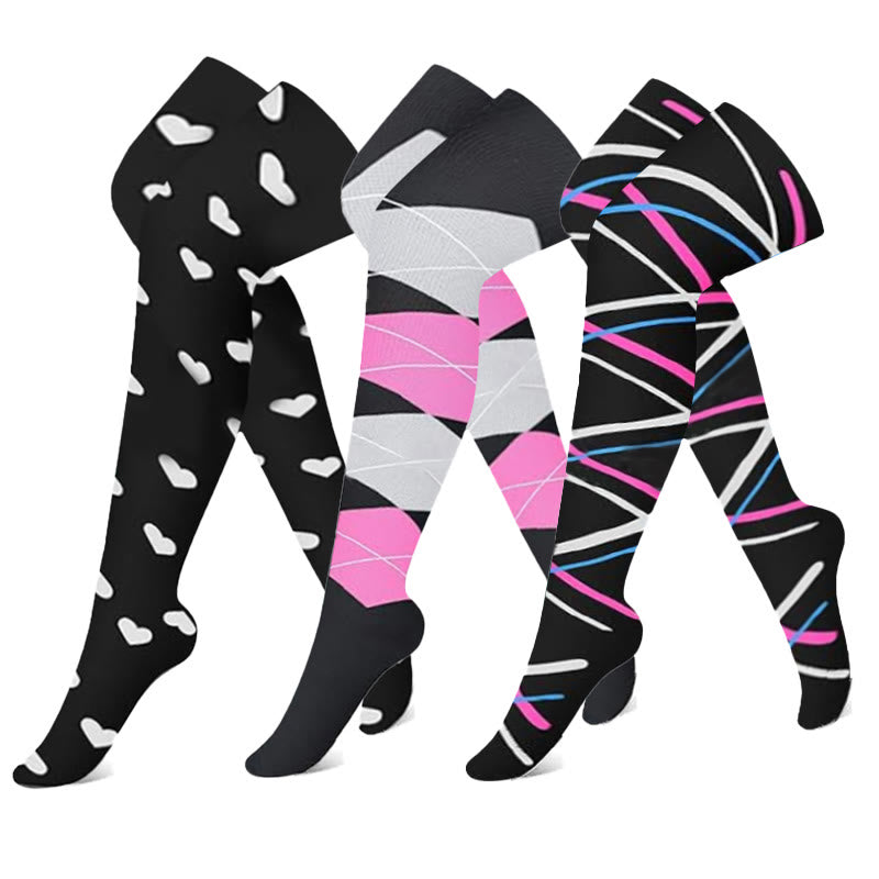 Schwarze und rosa Colorblock-Kompressionsstrümpfe mit Oberschenkelhöhe (3 Paar)