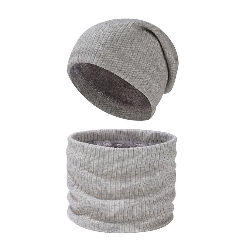Einfarbiges, schlichtes 2-in-1-Set mit Beanie-Schal und Strick