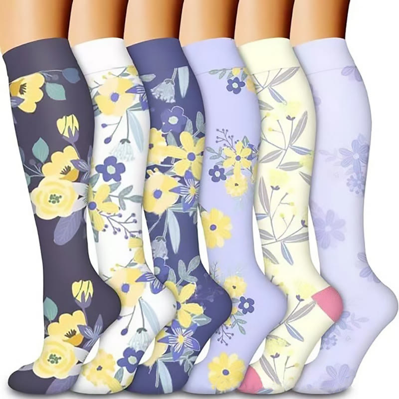 Lila-gelbe Blumen-Kompressionsstrümpfe (6 Paar) - Mehrfarbig - S/M - image 0