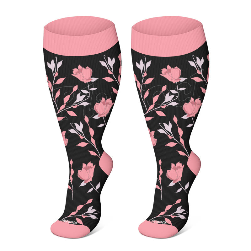 Kompressionsstrümpfe mit rosa Blumen in Übergröße - Schwarz - 4XL - image 2