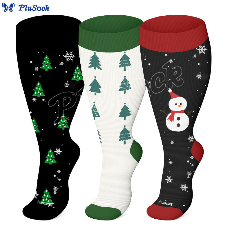 Kompressionsstrümpfe mit Weihnachtsbaum und Schneemann in Übergröße (3 Paar) - image 2