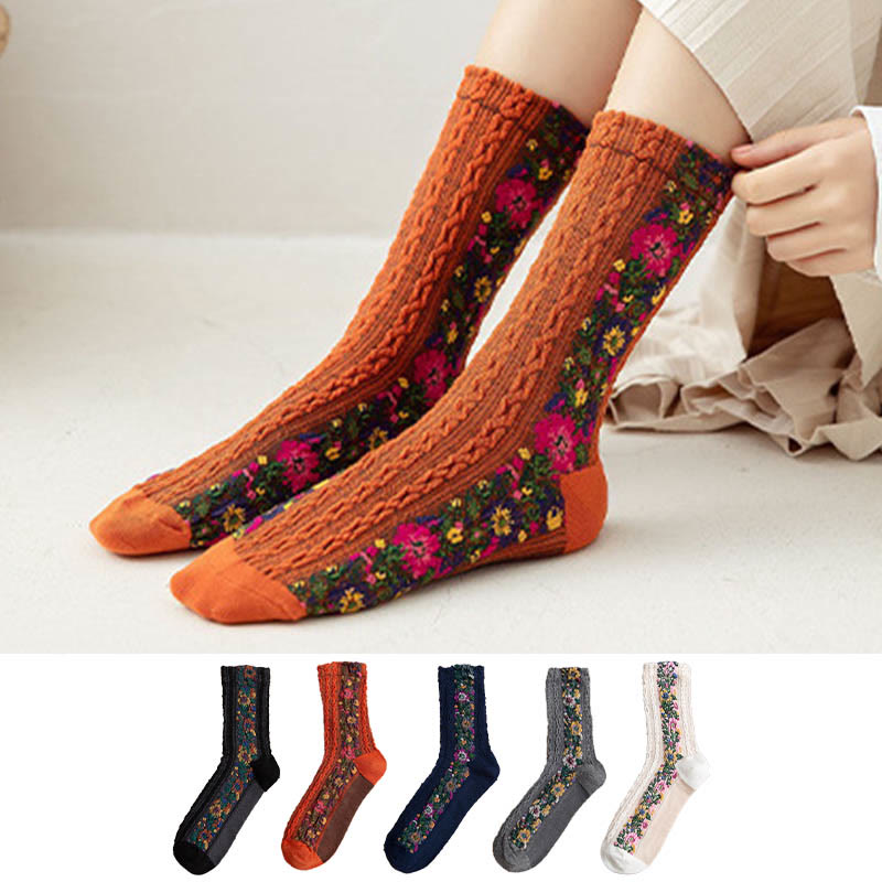 Viertelsocken im Folk-Stil mit Blumenmuster (5 Paar) - image 1
