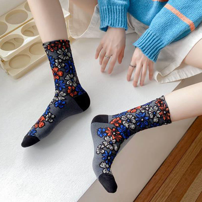 Viertelsocken mit Retro-Schnitzblumen (5 Paar) - image 2