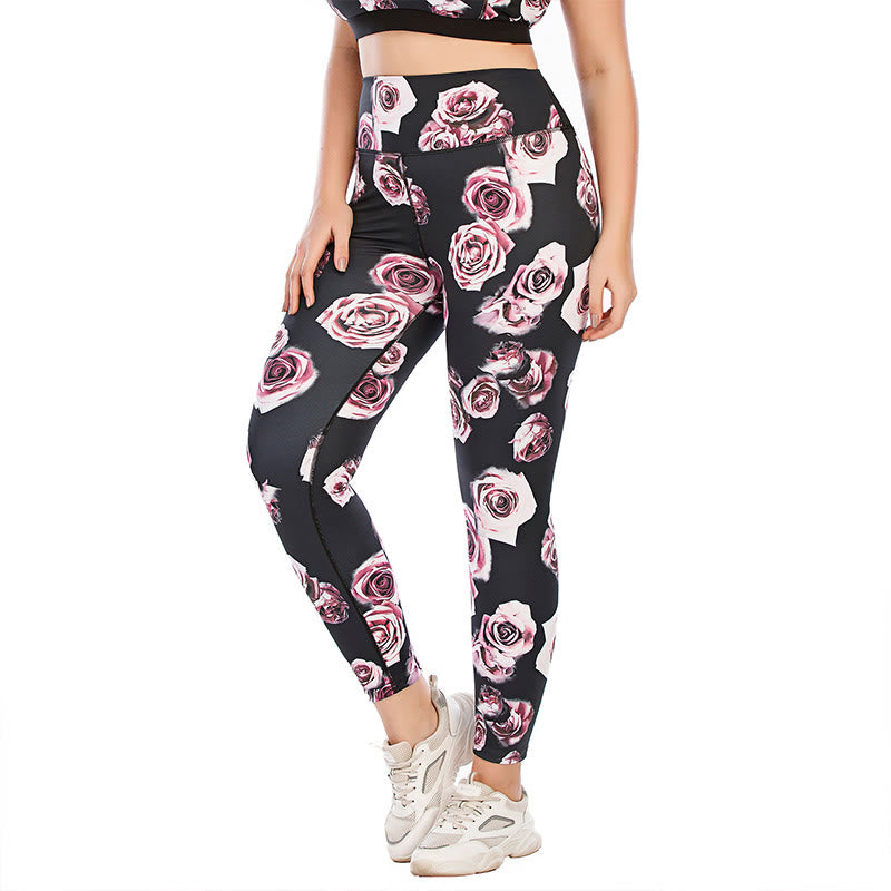 Plus Size Fitness-Yoga-Sportanzug mit Rosenmuster - Hose - 3XL - image 6
