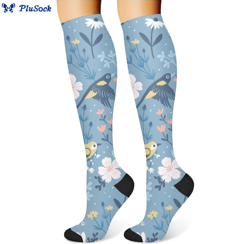 Kompressionsstrümpfe mit Vogel- und Blumenmotiv (3 Paar) - Blau (1 Paar) - S/M - image 4