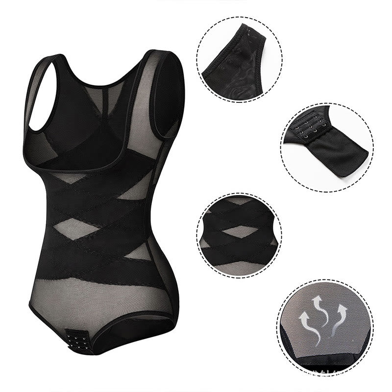 Sexy Shapewear aus Netzstoff mit gekreuzten Trägern und Bauchkontrolle in Übergröße