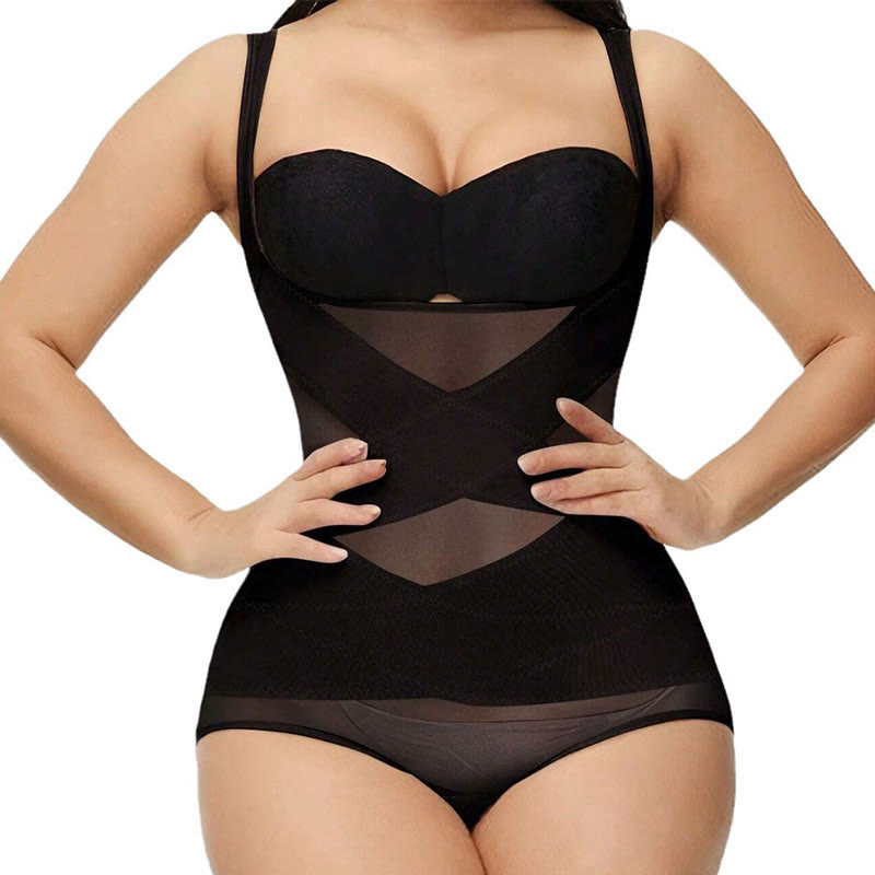 Sexy Shapewear aus Netzstoff mit gekreuzten Trägern und Bauchkontrolle in Übergröße
