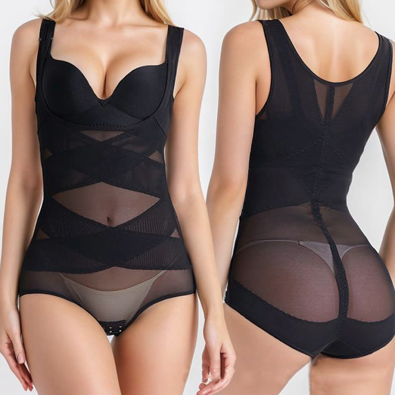 Sexy Shapewear aus Netzstoff mit gekreuzten Trägern und Bauchkontrolle in Übergröße