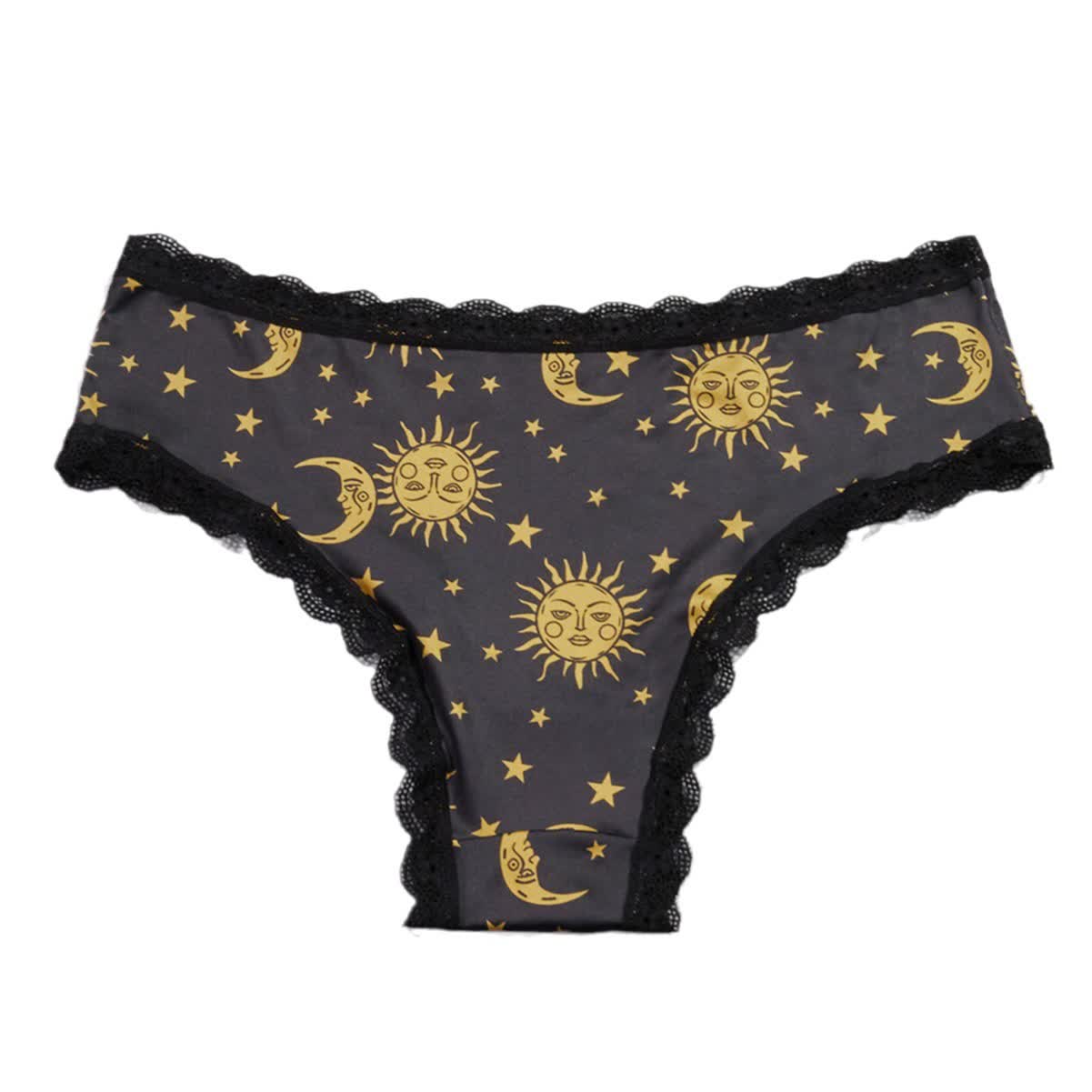 Nahtloser Tanga mit niedrigem Bund und Spitzenbesatz, Sonne-Mond-Aufdruck (3er-Pack)