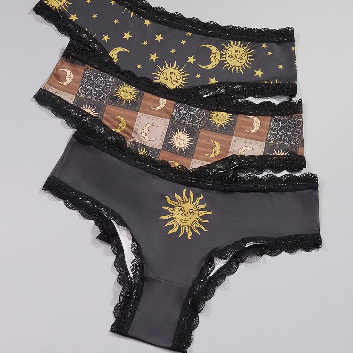 Nahtloser Tanga mit niedrigem Bund und Spitzenbesatz, Sonne-Mond-Aufdruck (3er-Pack)