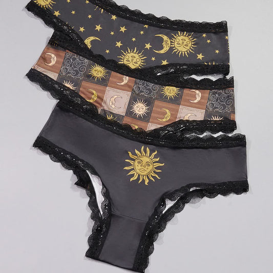 Nahtloser Tanga mit niedrigem Bund und Spitzenbesatz, Sonne-Mond-Aufdruck (3er-Pack)