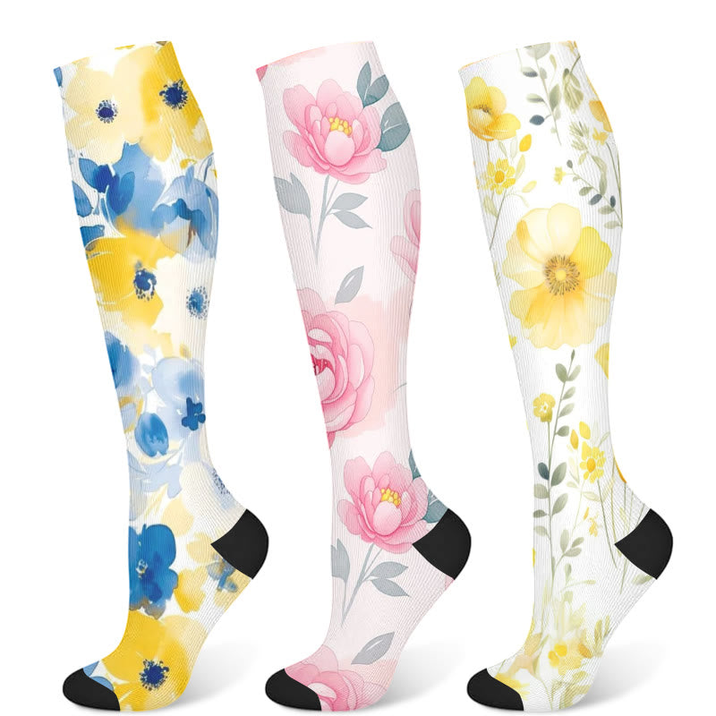 Gelb-rosa blühende Blumen-Kompressionsstrümpfe (3 Paar) - Mehrfarbig - S/M - image 5