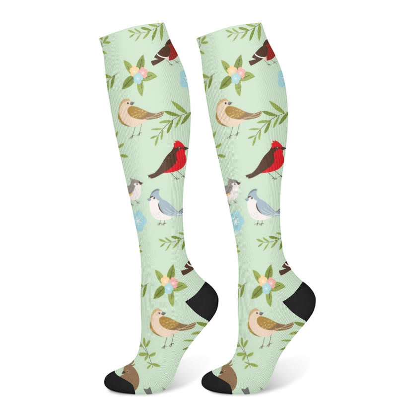 Kompressionsstrümpfe mit Frühlingsblumen und Vögeln (3 Paar) - Grün (1 Paar) - S/M - image 6