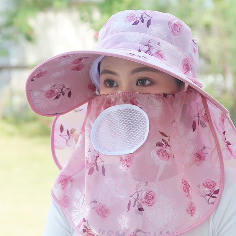 Sonnenhut mit Schalmaske und großer Krempe und Rosendruck - image 8