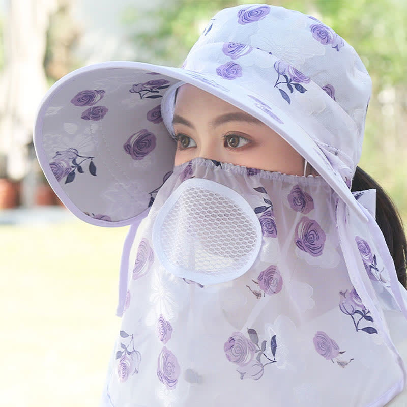 Sonnenhut mit Schalmaske und großer Krempe und Rosendruck - Lila - Einheitsgröße - image 15