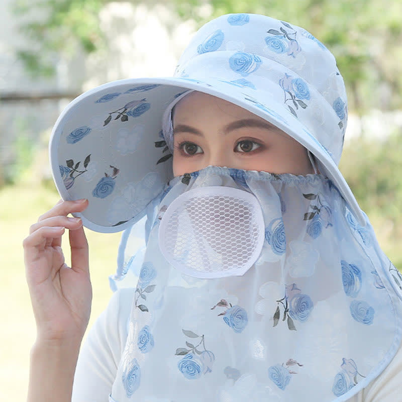 Sonnenhut mit Schalmaske und großer Krempe und Rosendruck - Blau - Einheitsgröße - image 13