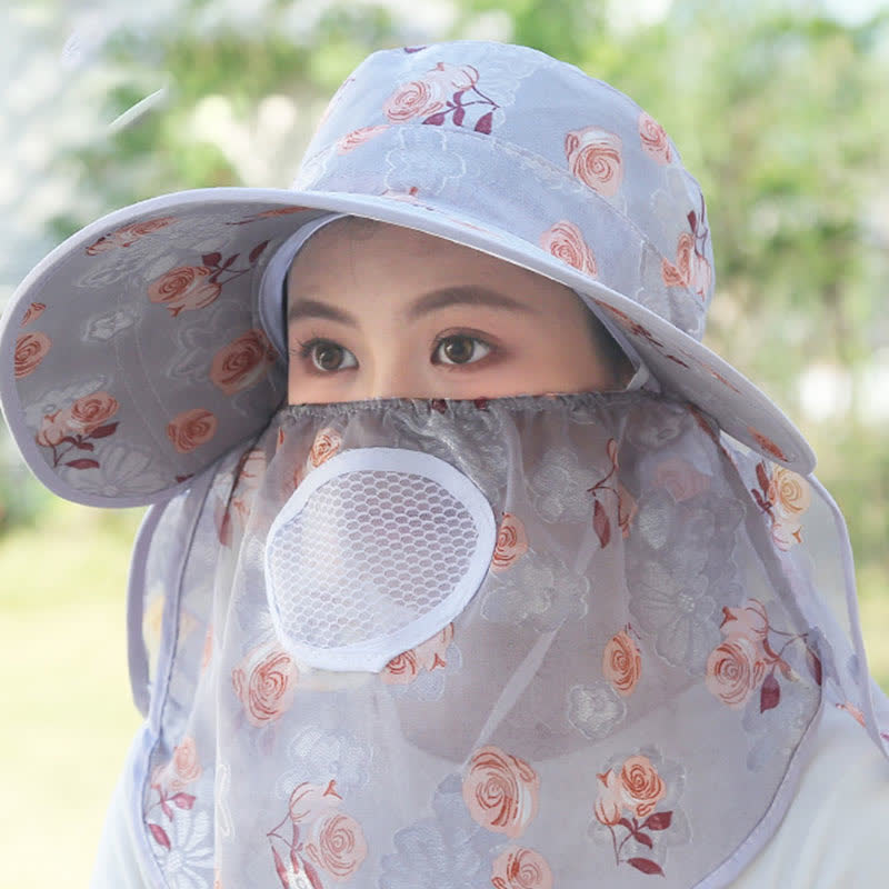 Sonnenhut mit Schalmaske und großer Krempe und Rosendruck - Grau - Einheitsgröße - image 3