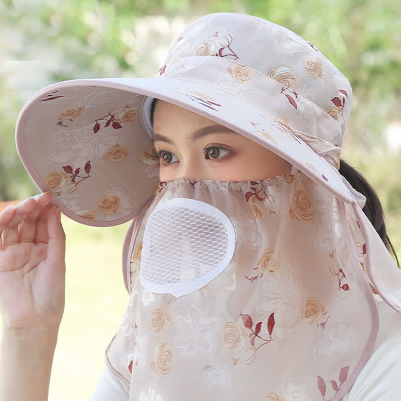 Sonnenhut mit Schalmaske und großer Krempe und Rosendruck - Kaffee - Einheitsgröße - image 10