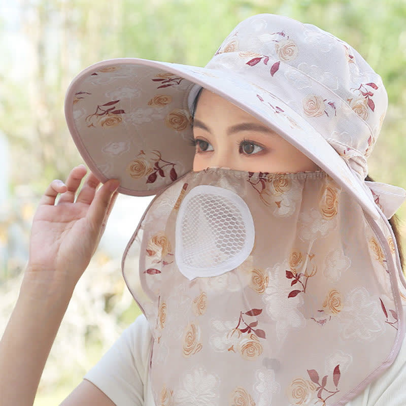 Sonnenhut mit Schalmaske und großer Krempe und Rosendruck - image 11