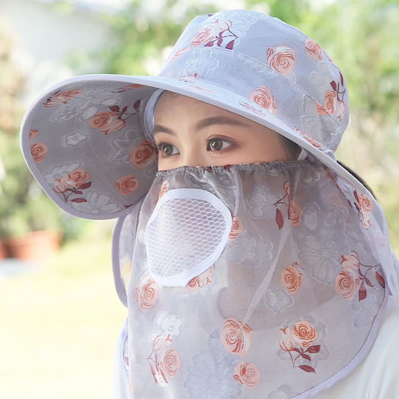 Sonnenhut mit Schalmaske und großer Krempe und Rosendruck - image 4