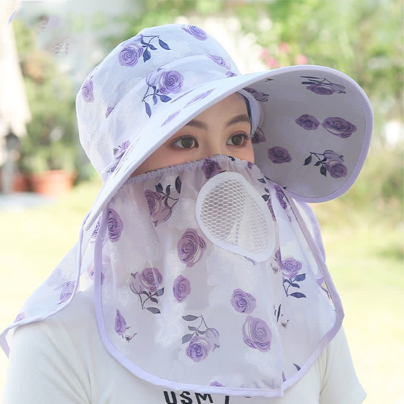 Sonnenhut mit Schalmaske und großer Krempe und Rosendruck - image 16