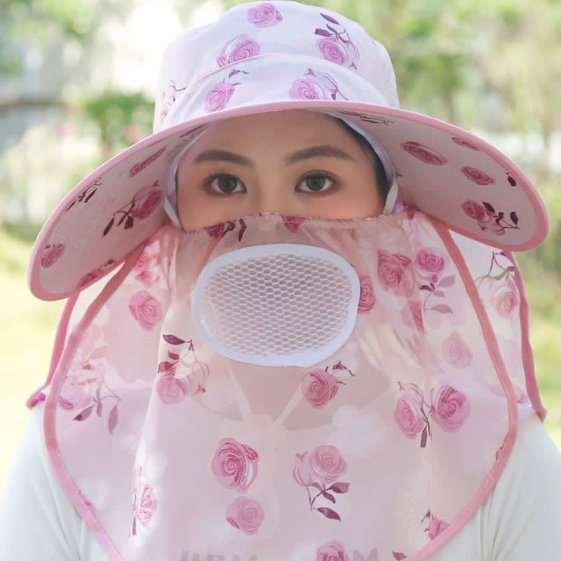 Sonnenhut mit Schalmaske und großer Krempe und Rosendruck - image 9