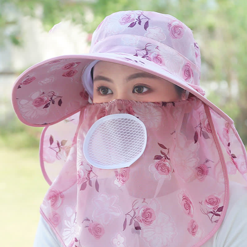 Sonnenhut mit Schalmaske und großer Krempe und Rosendruck - Dunkelrosa - Einheitsgröße - image 7