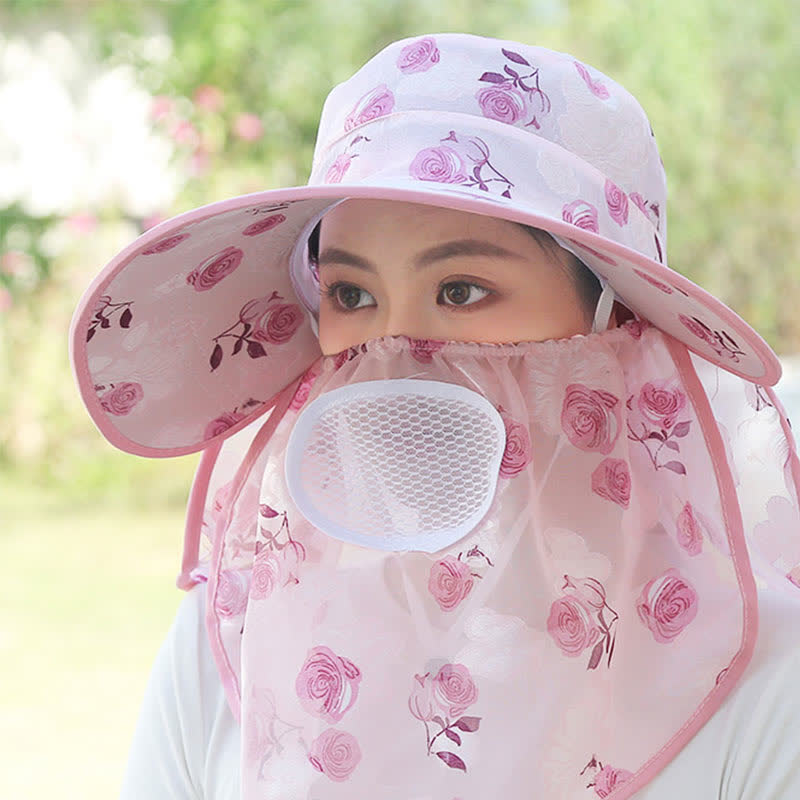 Sonnenhut mit Schalmaske und großer Krempe und Rosendruck - Hellrosa - Einheitsgröße - image 0