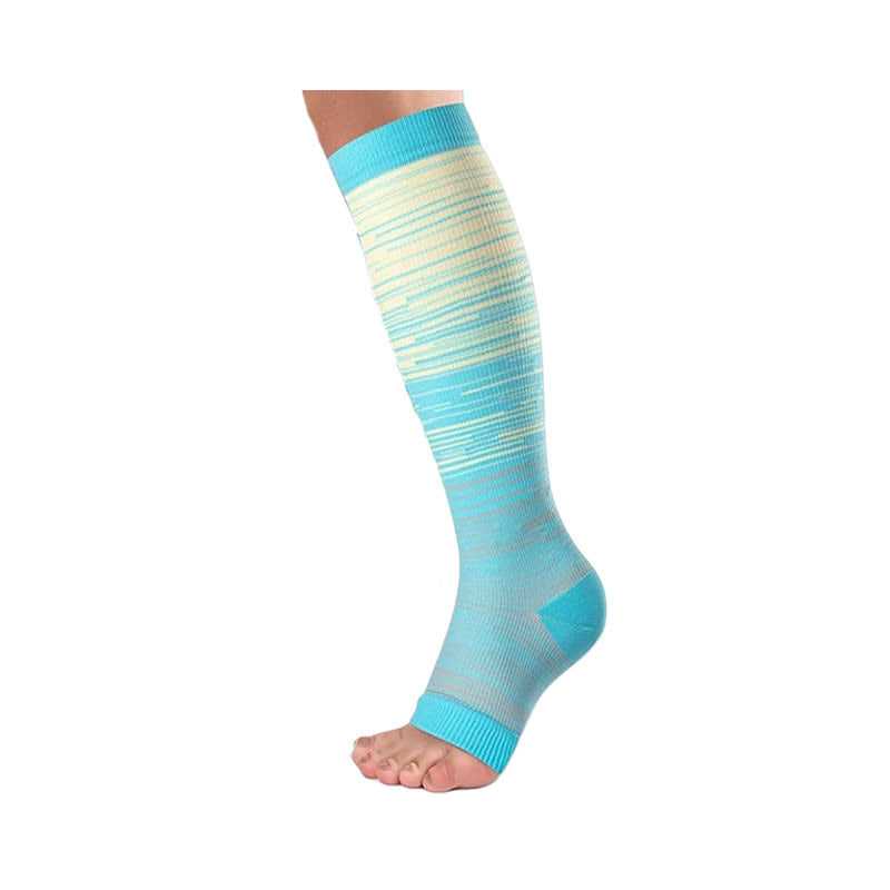 Bunt gestreifte Kompressionsstrümpfe mit offener Spitze (3 Paar) - Blau - 2XL - image 4