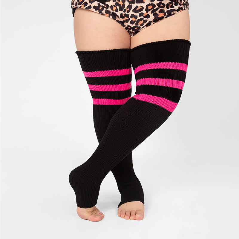 Gestreifte, schenkelhohe Kompressionsstrümpfe mit offener Spitze in Übergröße - Schwarz+Pink - Einheitsgröße - image 15