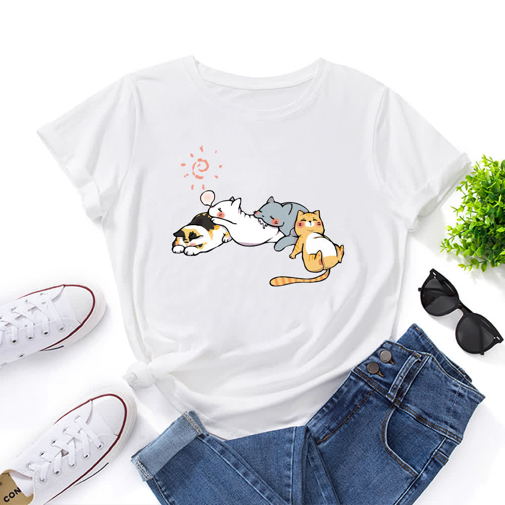T-Shirt mit Rundhalsausschnitt und kurzen Ärmeln in Übergröße mit Katzen-Print - Weiß - 5XL - image 4