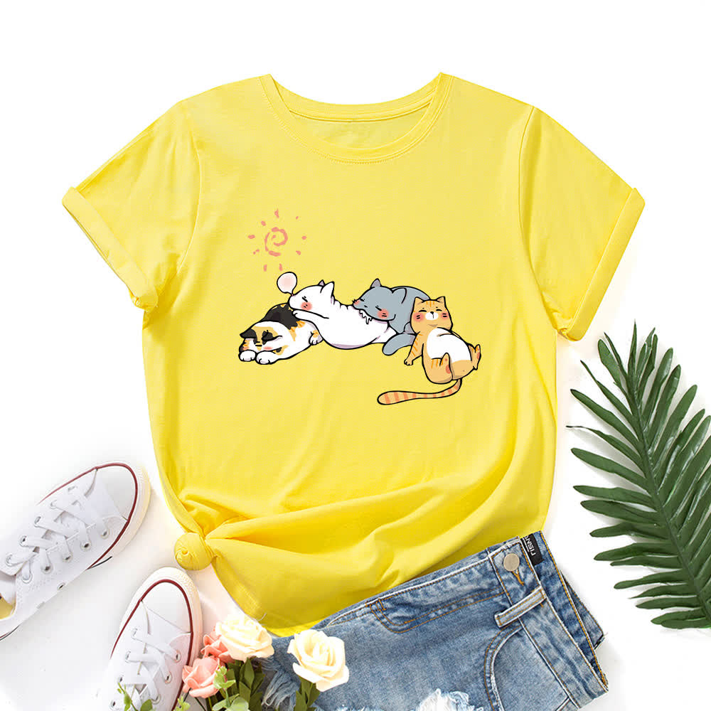 T-Shirt mit Rundhalsausschnitt und kurzen Ärmeln in Übergröße mit Katzen-Print - Gelb - 5XL - image 3