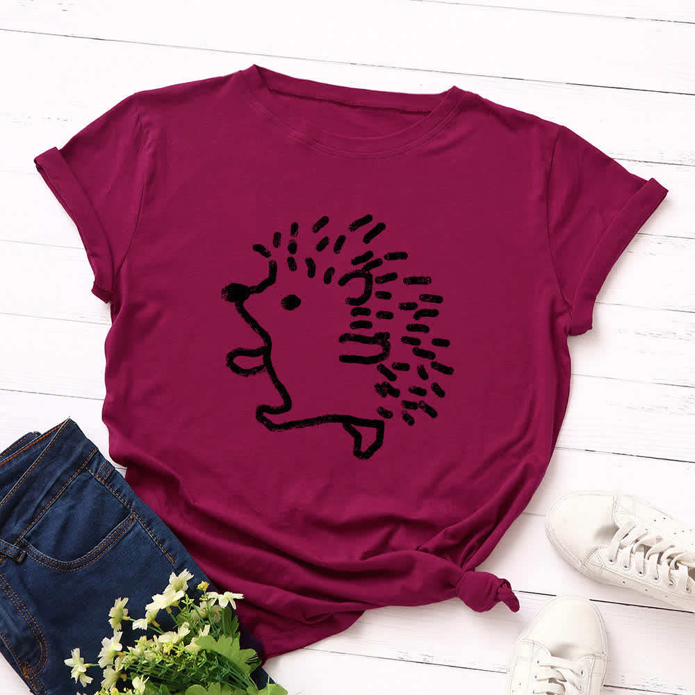 T-Shirt mit Rundhalsausschnitt und kurzen Ärmeln in Übergröße mit Igel-Print - Wein - 5XL - image 11