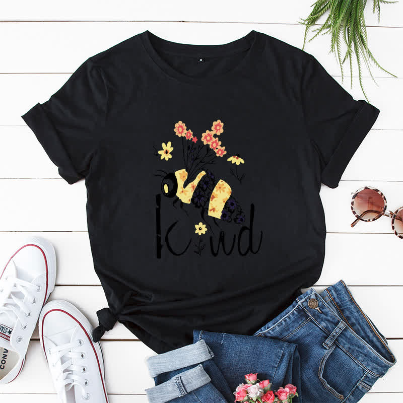 Kurzärmliges T-Shirt mit kreativem Bienen-Blumendruck in Übergröße - Schwarz - 5XL - image 1