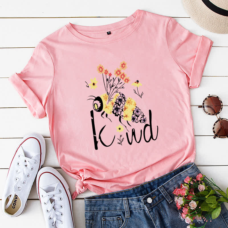 Kurzärmliges T-Shirt mit kreativem Bienen-Blumendruck in Übergröße - Rosa - 5XL - image 8
