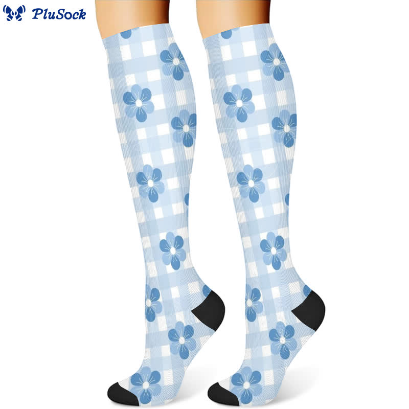 Kompressionsstrümpfe mit kariertem Blumenmuster (3 Paar) - Blau (1 Paar) - S/M - image 4