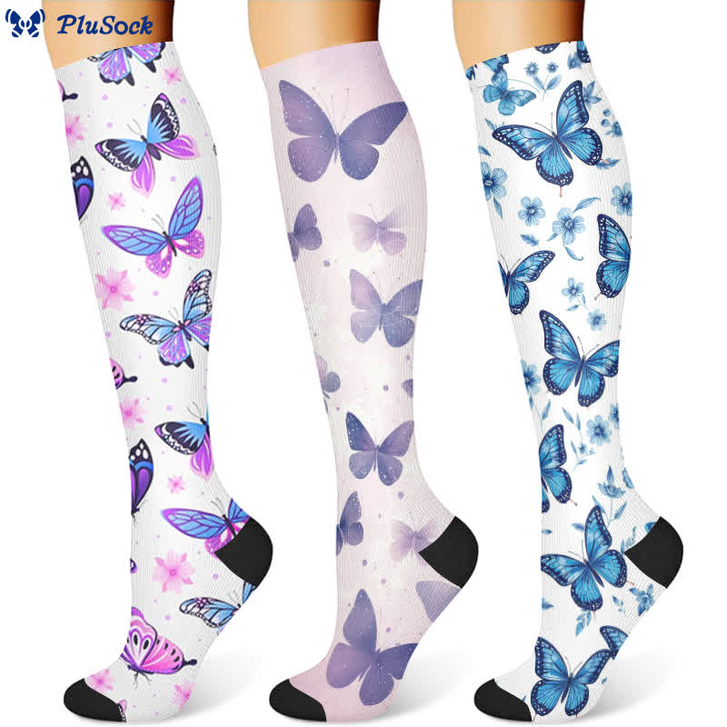 Kompressionsstrümpfe mit Blumen- und Schmetterlingsmotiv (3 Paar) - Mehrfarbig - S/M - image 1