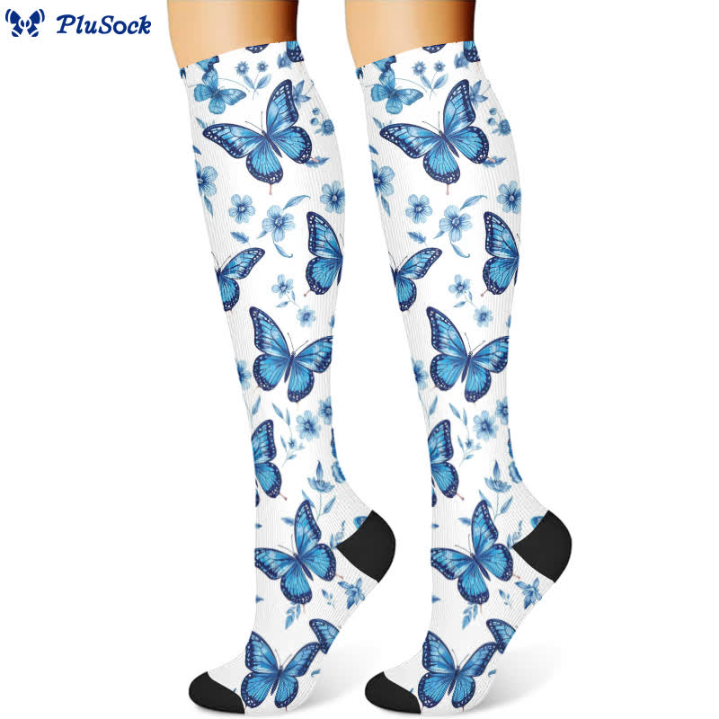 Kompressionsstrümpfe mit Blumen- und Schmetterlingsmotiv (3 Paar) - Blau (1 Paar) - S/M - image 4