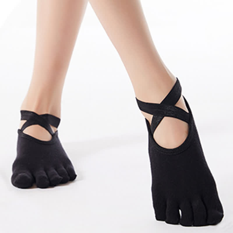 Rutschfeste Bodensocken aus Baumwolle mit gekreuzten Riemen und fünf Zehen (4 Paar)
