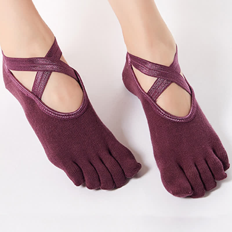 Rutschfeste Bodensocken aus Baumwolle mit gekreuzten Riemen und fünf Zehen (4 Paar)