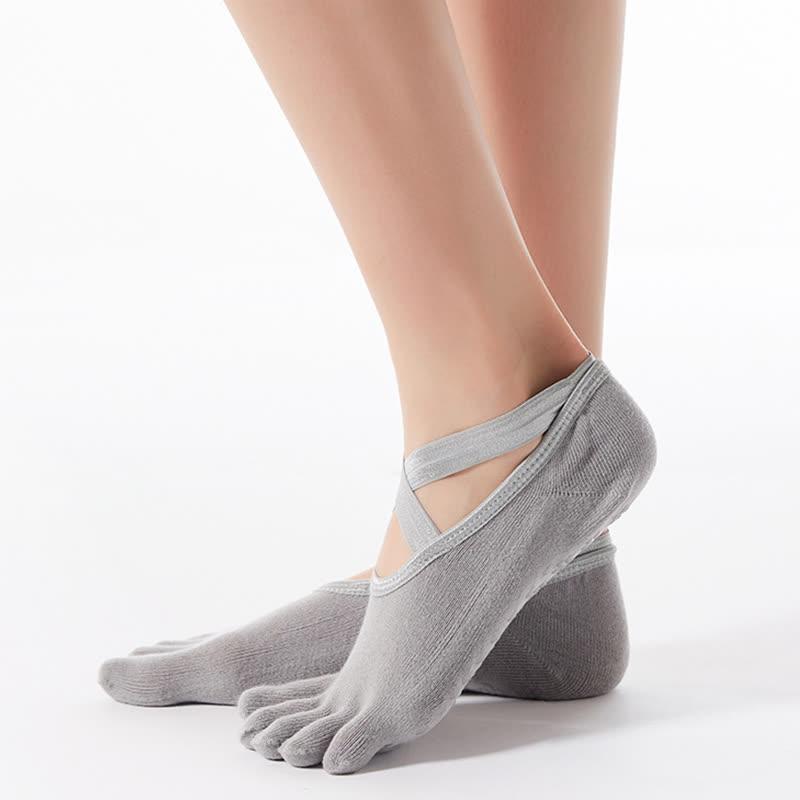 Rutschfeste Bodensocken aus Baumwolle mit gekreuzten Riemen und fünf Zehen (4 Paar)