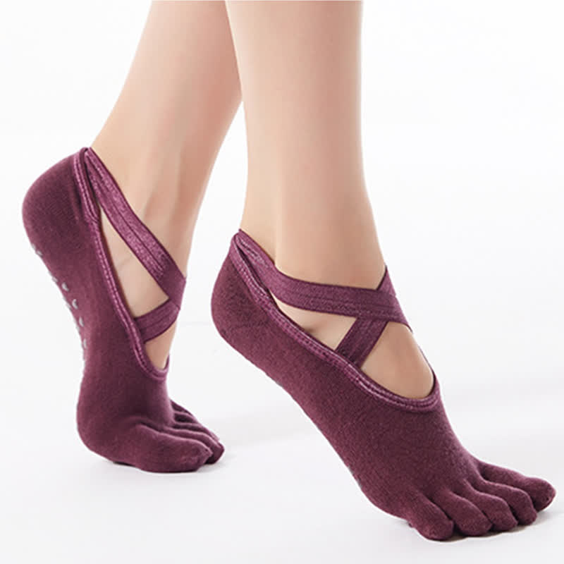 Rutschfeste Bodensocken aus Baumwolle mit gekreuzten Riemen und fünf Zehen (4 Paar)