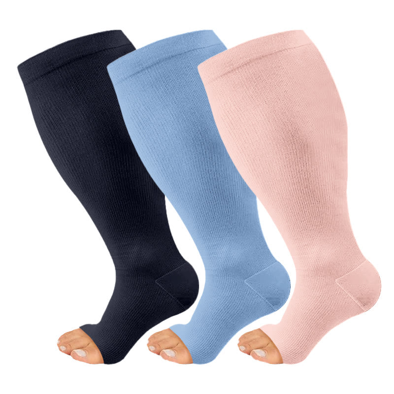 Kompressionsstrümpfe mit offener Zehenpartie in Übergröße, Schwarz, Blau und Rosa (3 Paar) - Mehrfarbig - 4XL - image 2
