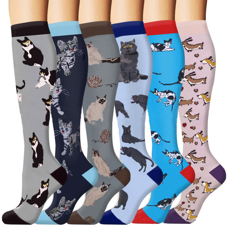 Kompressionssocken zum Laufen im Freien mit Katzenmuster (6 Paar)