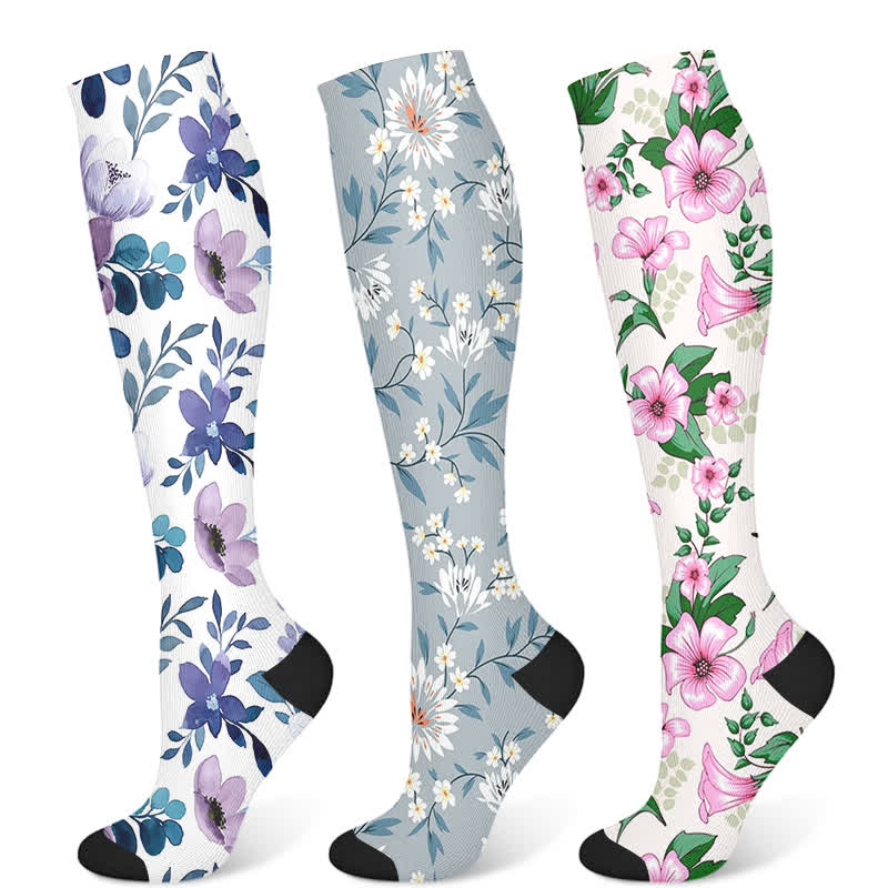 Luxuriöse Kompressionsstrümpfe mit Blumenmuster (3 Paar) - Mehrfarbig - S/M - image 5