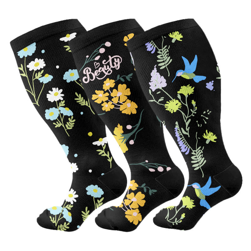 Kompressionsstrümpfe mit bemalten Blumen und Vögeln in Übergröße (3 Paar) - Mehrfarbig - 4XL - image 5