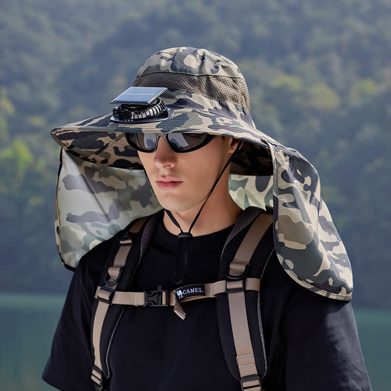 Camouflage-Bucket-Hut mit Nackenklappe und wiederaufladbarem Ventilator (2 Packungen) - Khaki - Einheitsgröße - image 2