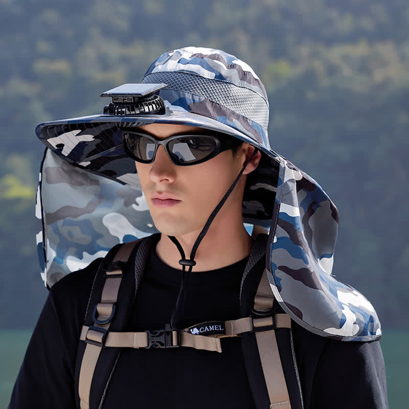 Camouflage-Bucket-Hut mit Nackenklappe und wiederaufladbarem Ventilator (2 Packungen) - Blau - Einheitsgröße - image 3