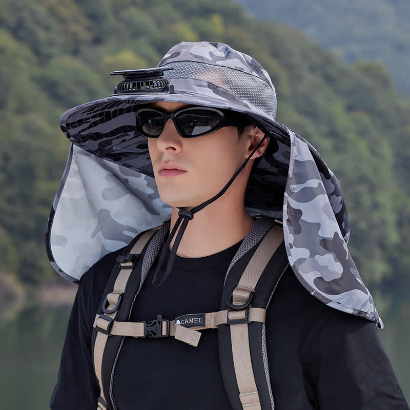 Camouflage-Bucket-Hut mit Nackenklappe und wiederaufladbarem Ventilator (2 Packungen) - Grau - Einheitsgröße - image 1